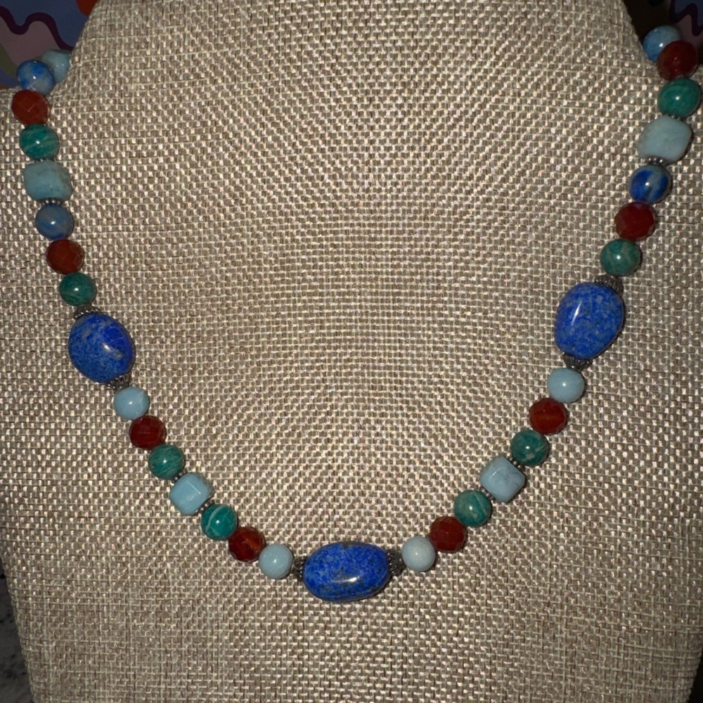 Multicolor Gemstone Beaded Necklace w/ Lapis Center • Sterling 925 Clasp